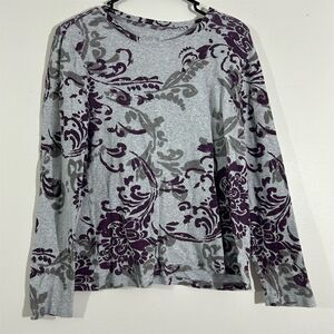 Sonoma Lifestyle Women's Petite Floral Gray‎ Long Sleeve Tee Size M Cotton